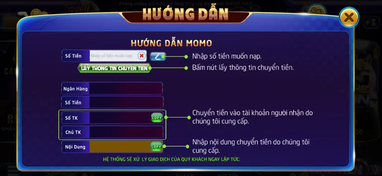Hướng dẫn nạp tiền qua cổng momo tại Rikvip.